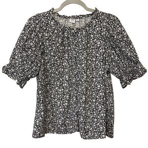 GAP Womens Black White‎ Floral Print Blouse Top Shirt Size Medium Ruffle Sleeve